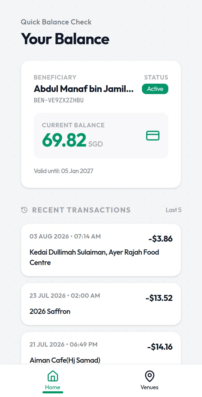 Fidyah on a phone: a beneficiary's meal balance in Singapore dollars and their recent meals